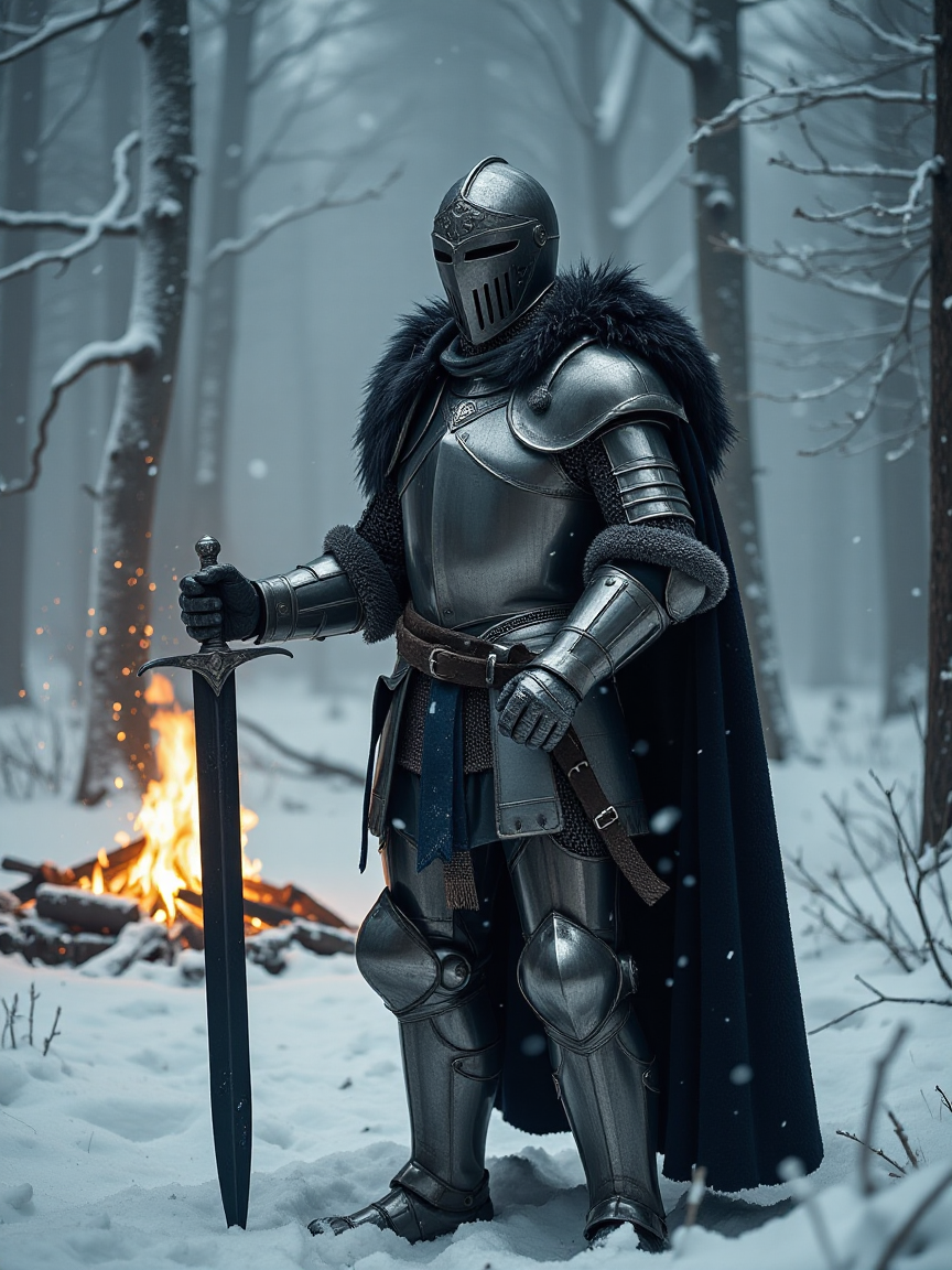 Epic winter scene of a knight in full battle armor, standing amidst a snowy forest. The knight’s polished metal armor is adorned with fur, and their dark cape flows gently in the icy wind. Snowflakes mix with glowing embers as the knight grips a heavy, black-bladed sword, its sharp edges glinting in the faint light. A fire burns in the distance, casting flickering shadows through the fog-covered trees. The entire scene is cinematic, capturing the fierce determination and calm power of the knight as they stand alone in a frozen wilderness.
