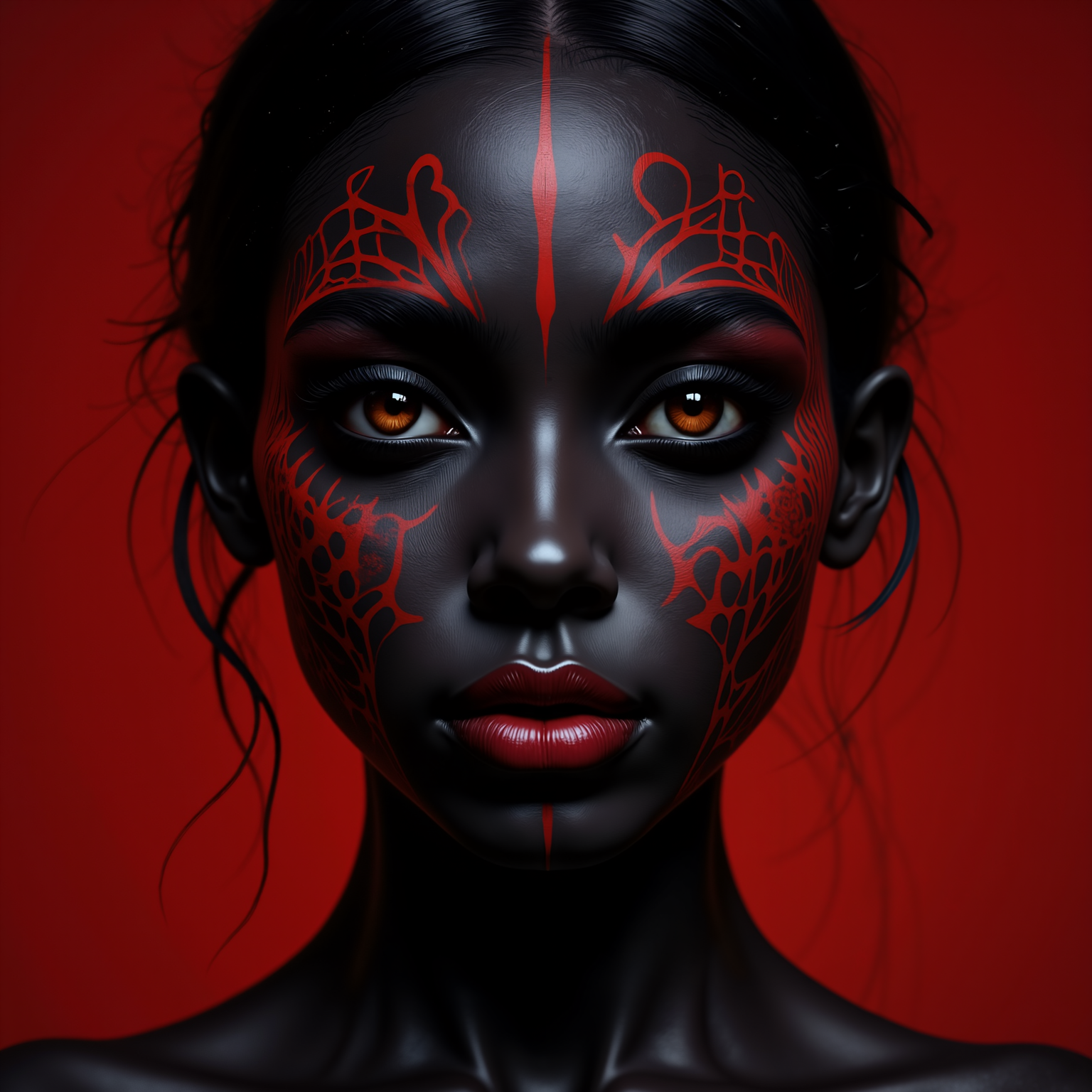 A portrait of a woman with deep black skin is beautifully adorned with a subtle red pattern that gently weaves across her face, enhancing her striking features and creating a captivating contrast that draws the eye.<lora:MyLoras\Cuteism\Flux_CuteismV1a.safetensors:1.0:1.0> <lora:MyLoras\FantasmV1\Flux_Fantasm.safetensors:0.5:0.5> <lora:Merge\best_of_flux_v30_rank64_bf16-step01750.safetensors:0.5:0.5>