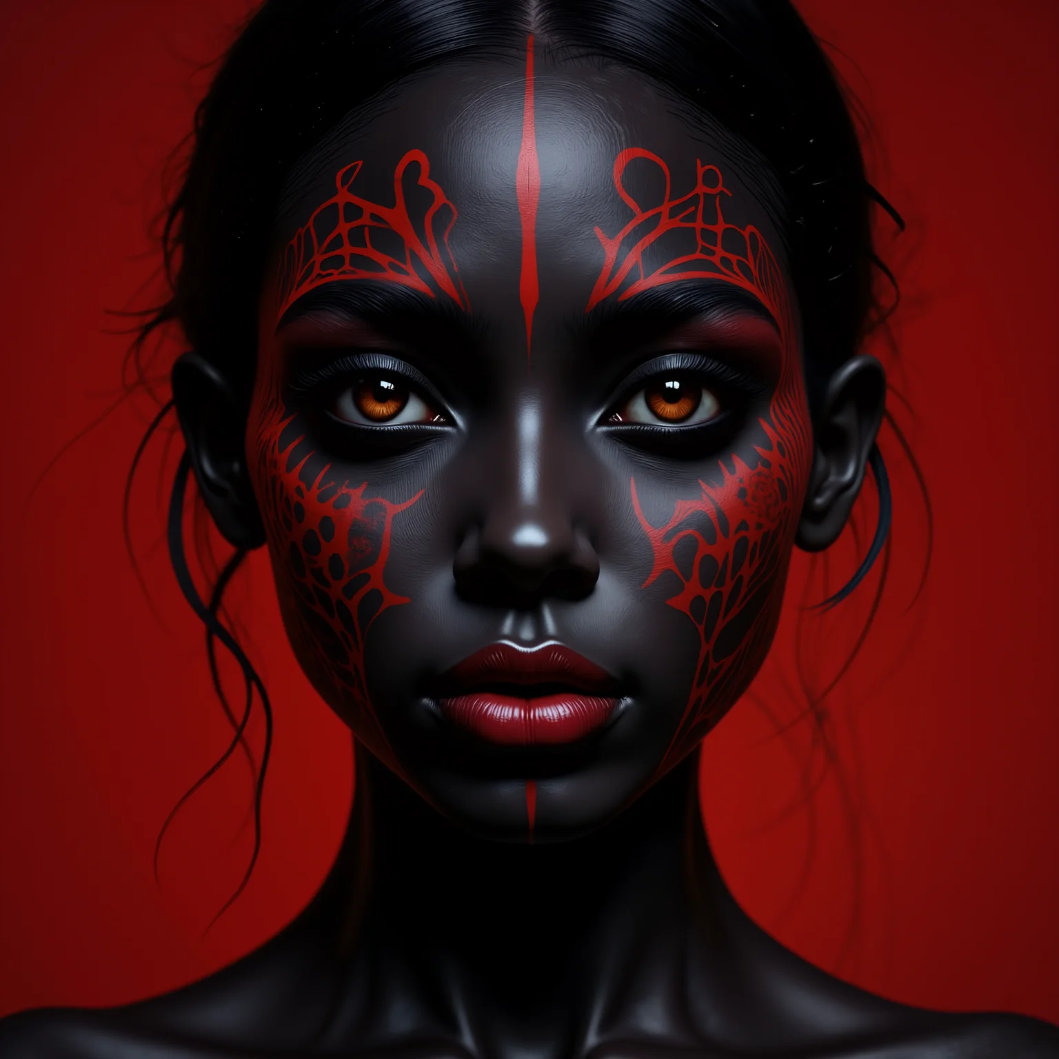 A portrait of a woman with deep black skin is beautifully adorned with a subtle red pattern that gently weaves across her face, enhancing her striking features and creating a captivating contrast that draws the eye.<lora:MyLoras\Cuteism\Flux_CuteismV1a.safetensors:1.0:1.0> <lora:MyLoras\FantasmV1\Flux_Fantasm.safetensors:0.5:0.5> <lora:Merge\best_of_flux_v30_rank64_bf16-step01750.safetensors:0.5:0.5>