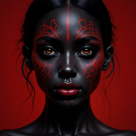 A portrait of a woman with deep black skin is beautifully adorned with a subtle red pattern that gently weaves across her face, enhancing her striking features and creating a captivating contrast that draws the eye.<lora:MyLoras\Cuteism\Flux_CuteismV1a.safetensors:1.0:1.0> <lora:MyLoras\FantasmV1\Flux_Fantasm.safetensors:0.5:0.5> <lora:Merge\best_of_flux_v30_rank64_bf16-step01750.safetensors:0.5:0.5>