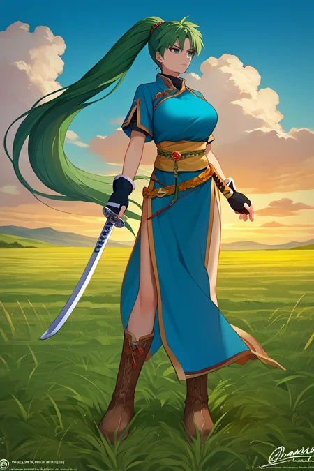 score_9, score_8_up, score_7_up, score_6_up, source_anime BREAK 1girl, solo <lora:lyn-pdxl-nvwls-v1-000005:1> defLyn, green hair, high ponytail, blue dress, short sleeves, sash, side slit, fingerless gloves, big breasts, boots, holding katana, sword, serious, field, clouds, plains