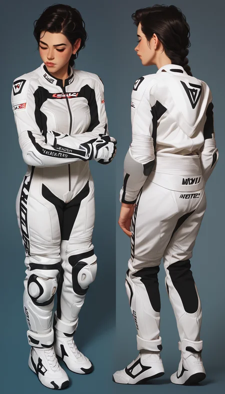 score_9, score_8_up, score_7_up, illustrationl, 1 girl , braid, black hair, female focus,motor bike racing suit, motor bike suit, racing suit, full body, dynamic poses, , multiple views, <lora:incase-ilff-v3-4:0.6> <lora:Motorcycle Racing Suit_epoch_9:0.8>