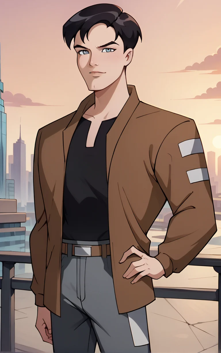 score_9, score_8_up, score_7_up, BREAK
BrownJacket_TerryMcGinnis_ownwaifu, 
1boy, black hair, grey eyes, short hair, bangs, 
bomber jacket, brown jacket, popped collar, black shirt, open jacket, long sleeves, belt, pants, grey pants, brown coat, collared shirt,
(contrapposto, hand on hip), sunset, sidelighting, cityscape, vanishing point, outdoors,  depth of field, solo,  
<lora:PONYXL_DC_BatManBeyond_TerryMcGinnis_ownwaifu_r1:1> , depth of field, 
,
