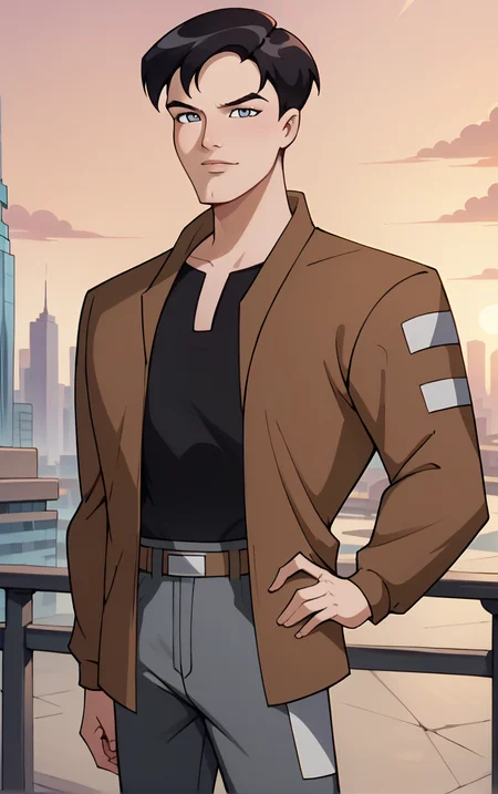 score_9, score_8_up, score_7_up, BREAK
BrownJacket_TerryMcGinnis_ownwaifu,
1boy, black hair, grey eyes, short hair, bangs,
bomber jacket, brown jacket, popped collar, black shirt, open jacket, long sleeves, belt, pants, grey pants, brown coat, collared shirt,
(contrapposto, hand on hip), sunset, sidelighting, cityscape, vanishing point, outdoors, depth of field, solo,
<lora:PONYXL_DC_BatManBeyond_TerryMcGinnis_ownwaifu_r1:1> , depth of field,
,