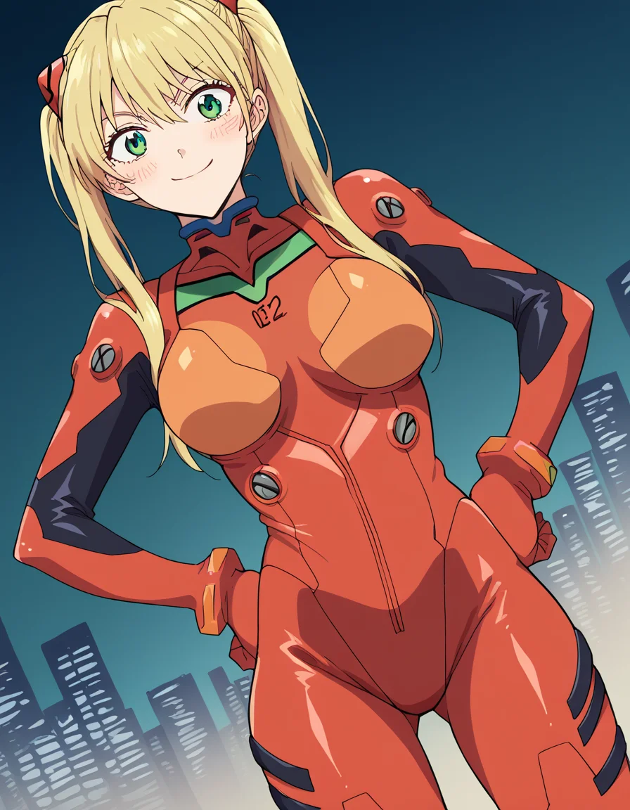 score_9, score_8_up, score_7_up, source_anime, <lora:rika-hoshizaki-s2-ponyxl-lora-nochekaiser:1>, rika hoshizaki, green eyes, blonde hair, twintails, large breasts,, <lora:souryuu-asuka-langley-cosplay-ponyxl-lora-nochekaiser:1>, souryuuasukalangleycosplay, souryuu asuka langley (cosplay), bodysuit, pilot suit, plugsuit, red bodysuit, interface headset,, cityscape, smile, blush, hands on hips,, , cowboy shot, dutch angle