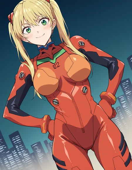 score_9, score_8_up, score_7_up, source_anime, <lora:rika-hoshizaki-s2-ponyxl-lora-nochekaiser:1>, rika hoshizaki, green eyes, blonde hair, twintails, large breasts,, <lora:souryuu-asuka-langley-cosplay-ponyxl-lora-nochekaiser:1>, souryuuasukalangleycosplay, souryuu asuka langley (cosplay), bodysuit, pilot suit, plugsuit, red bodysuit, interface headset,, cityscape, smile, blush, hands on hips,, , cowboy shot, dutch angle