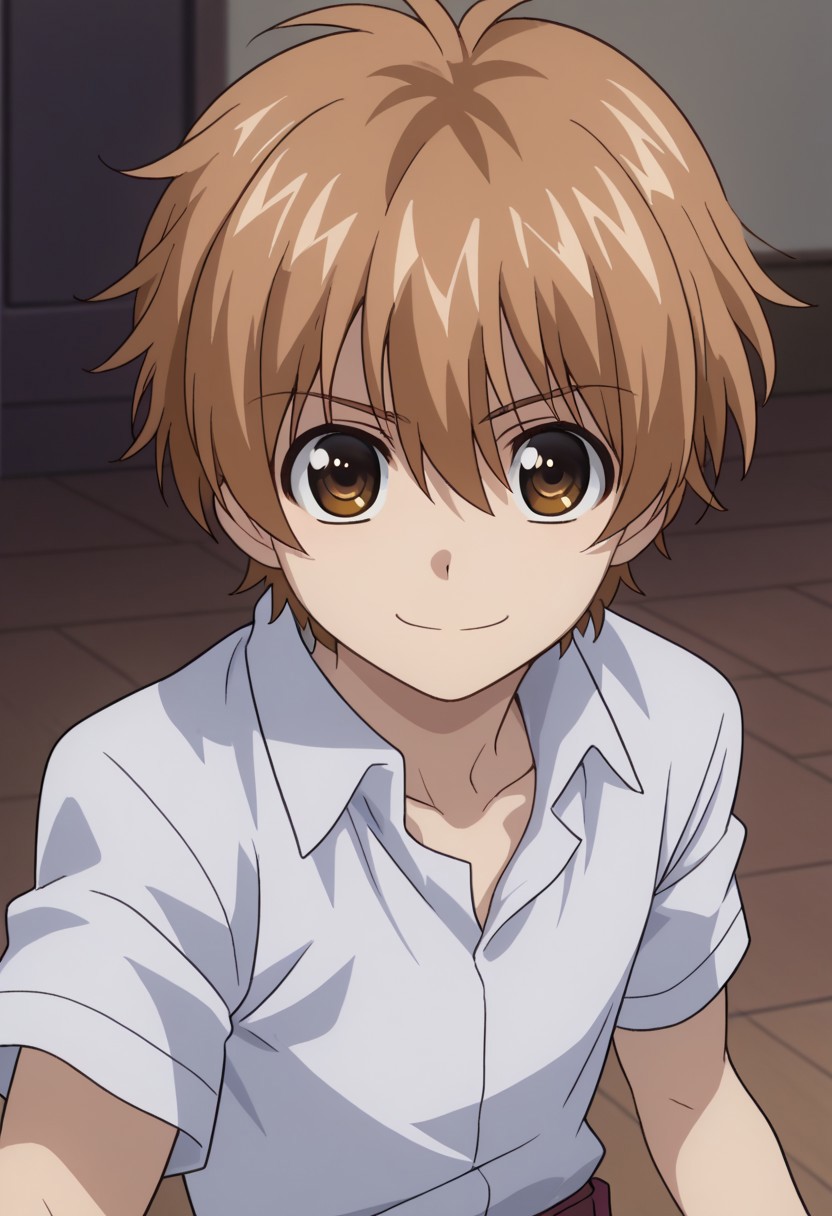 score_9, score_7_up, source_anime
miwahiro, 1boy, male focus, solo, brown eyes, brown hair, hair between eyes, school uniform, shirt, collared shirt, white shirt, short sleeves, smile
outdoor,