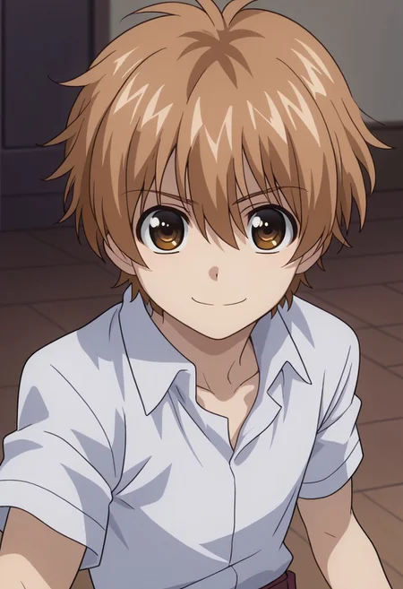 score_9, score_7_up, source_anime
miwahiro, 1boy, male focus, solo, brown eyes, brown hair, hair between eyes, school uniform, shirt, collared shirt, white shirt, short sleeves, smile
outdoor,