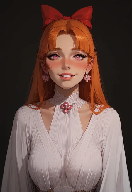 score_9, score_8_up, score_8. score_9, score_8_up, score_7_up, score_6_up, masterpiece, 4k, high quality, (best quality:1.1), ExpressiveH
1girl, Blossom (Powerpuff girls), orange hair, long hair, bow, pink eyes, large breasts, blushing, looking at viewer, smiling, g0dd3ss, white dress
green background