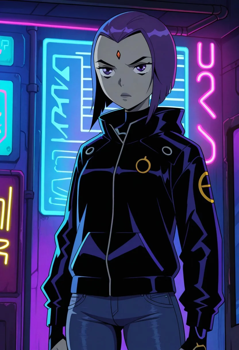 masterpiece, best quality, amazing quality,
1girl, solo, 
raventt, grey skin, purple eyes, purple hair, forehead jewel, short hair, 
Serious,
Jeans, Black Letter Jacket, 
Cyberpunk, Cyberpunk City, Neon Lights,