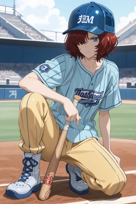 score_max, (score_9, score_8_up, score_7_up:1.2), score_6_up, official art, source_anime, anime screencap,
, masterpiece, absurdres, high detail, 8k,
baseball stadium, from side, full body,
on one knee, planted, baseball bat, serious, closed mouth,
ami, hair over one eye, helmet, blue shirt, vertical-striped shirt, short sleeves, yellow pants, boots
<lora:XL_Pony_anime-lupin5-ami-t2:1.3>