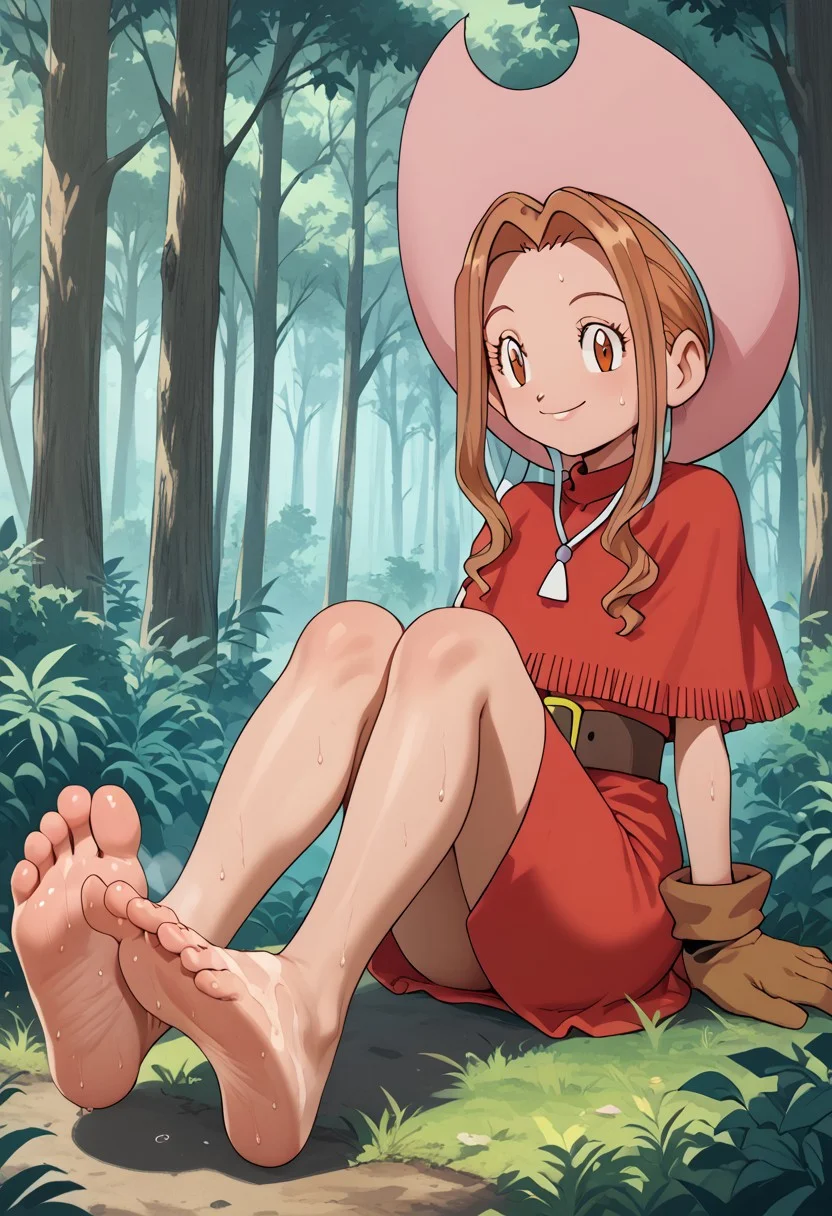 score_9, score_8_up, score_7_up, highres, high quality, digimon, 1girl, mimi, long hair, sidelocks, ponytail, brown eyes, red dress, capelet, brown gloves, belt, skirt, cowboy hat, sitting in the forest, barefoot, presenting feet to viewer, , soles focused, showing soles, steamy feet, sweaty feet, smiling,