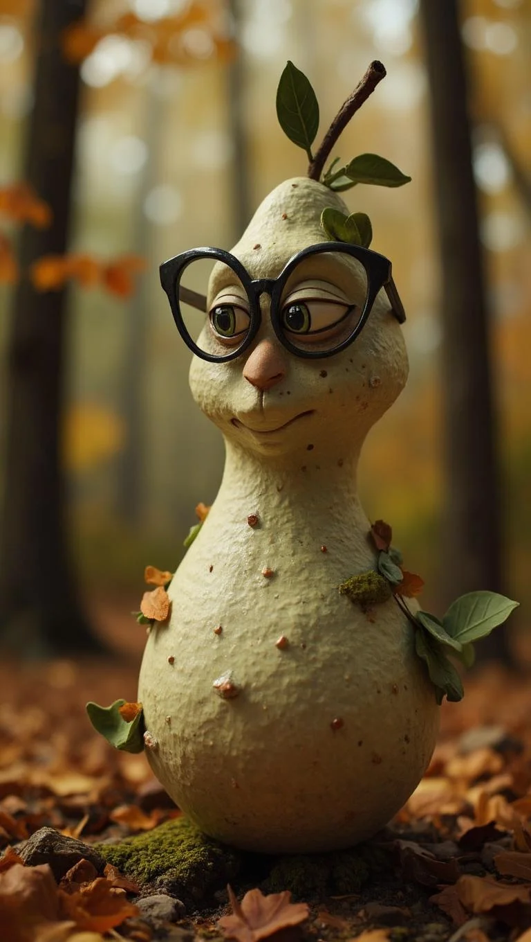 <lora:ck-LttleGhost-000011.safetensors:1> in the style of ck-lttlegh0stThis intricate ceramic pamplemousse pear figure stands out against an autumn forest backdrop, featuring oversized black-rimmed glasses and expressive eyes on its pear-shaped head. The textured body has tiny spots and leafy accents, giving it a whimsical yet philosophical air. The overall aesthetic is quirky and surreal, with muted earth tones adding warmth and intimacy.