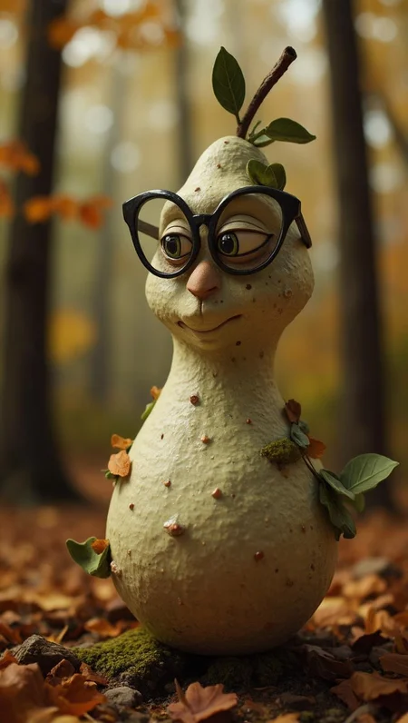 <lora:ck-LttleGhost-000011.safetensors:1> in the style of ck-lttlegh0stThis intricate ceramic pamplemousse pear figure stands out against an autumn forest backdrop, featuring oversized black-rimmed glasses and expressive eyes on its pear-shaped head. The textured body has tiny spots and leafy accents, giving it a whimsical yet philosophical air. The overall aesthetic is quirky and surreal, with muted earth tones adding warmth and intimacy.