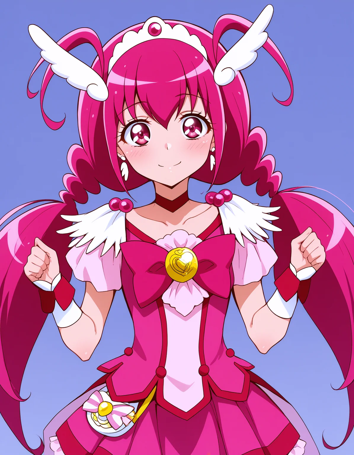 score_9, <lora:sdxl_lightning_8step_lora:1> source_anime, rating_explicit BREAK 1girl, solo,
<lora:ponyxl-char_smile_precure_transformed:1>
HM-CH, 1girl, pink eyes, low twintails, hair between eyes, pink hair, antenna hair, hair ornament, head wings, tiara, pink choker, feather earrings,
pink bow, pink shorts, pink skirt, bike shorts, shorts under skirt, pink wrist cuffs,
portrait