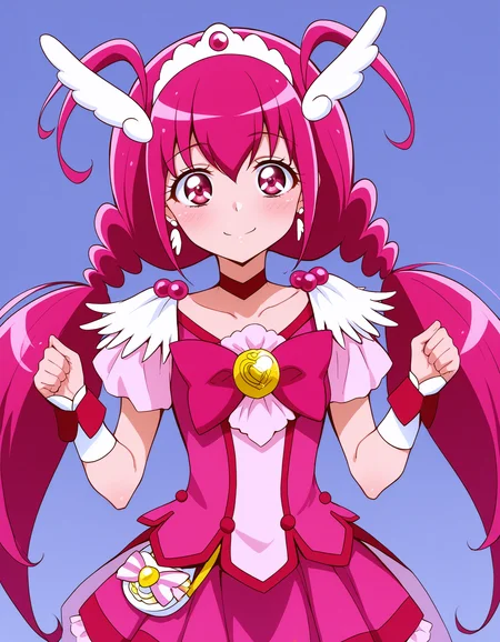 score_9, <lora:sdxl_lightning_8step_lora:1> source_anime, rating_explicit BREAK 1girl, solo,
<lora:ponyxl-char_smile_precure_transformed:1> 
HM-CH, 1girl, pink eyes, low twintails, hair between eyes, pink hair, antenna hair, hair ornament, head wings, tiara, pink choker, feather earrings,
pink bow, pink shorts, pink skirt, bike shorts, shorts under skirt, pink wrist cuffs, 
portrait