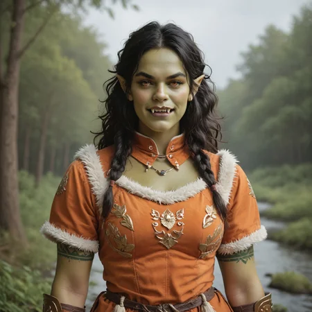 (((beautiful, high quality))), upper Body, score_9, score_8_up, score_7_up, valeria, (Orc, pointed ears, black sclera, 1girl:1.2), (green skin:1.8), (fangs, defined fangs:1.8), amber eyes, fur trim, fur armor, looking at the viewer, dynamic pose, blurred background, realistic, black hair, short sleeves, serious look, tribal tattoos, (orange armor:1.2), muscular,
