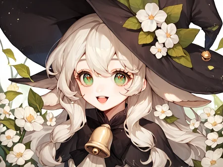 score_9, score_8_up, score_7_up, score_6_up, score_5_up, score_4_up,
<lora:cute_style_pony_v2:0.6>,CuteStyle,cuteeyes,
, 1girl, solo, hat, bell, flower, witch hat, white flower, bow, smile, long hair, open mouth, hat flower