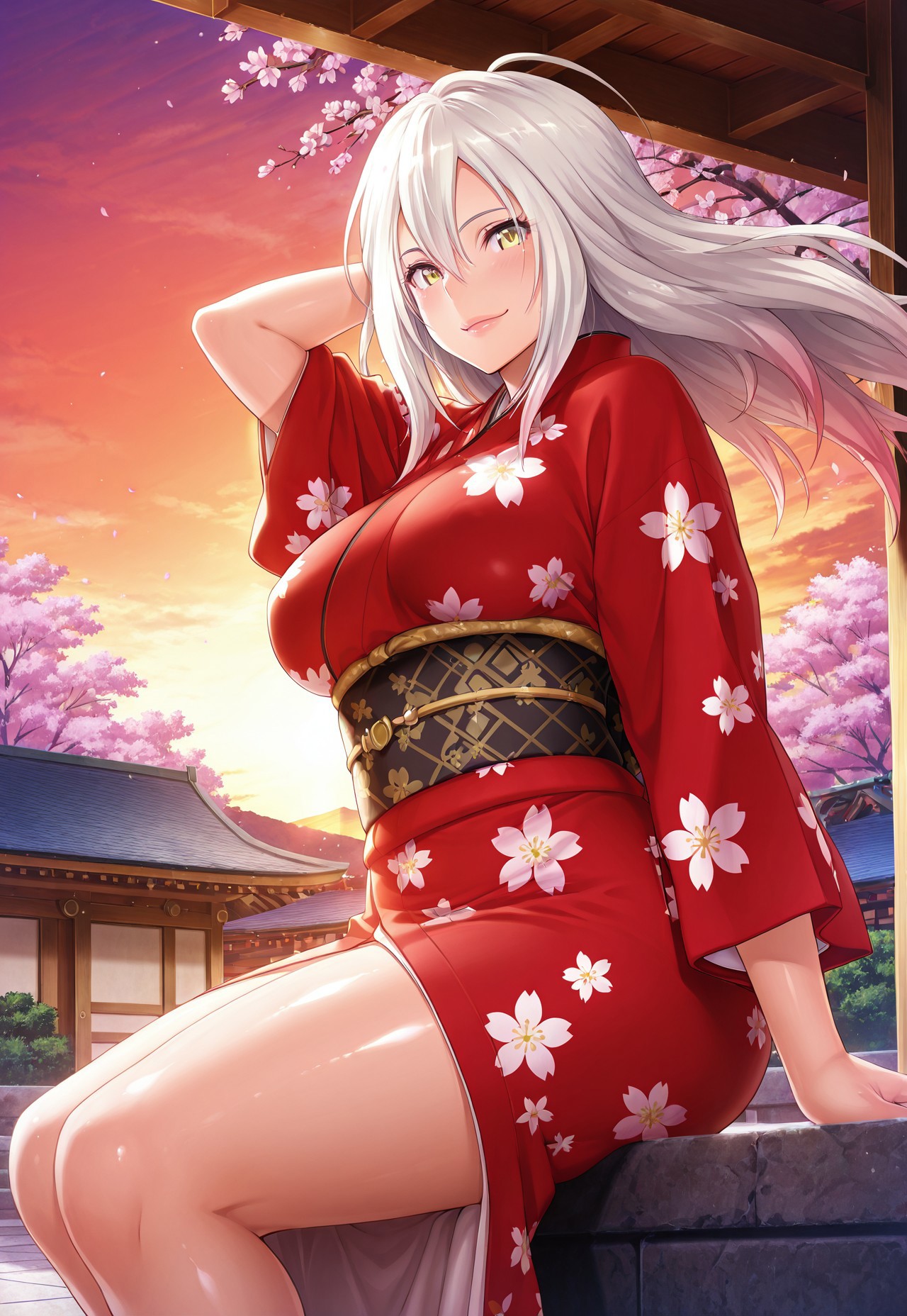 safe_pos, Official art, source_anime, masterpiece, good quality, shadow, backlighting, best quality, ultra-detailed, best quality face, ultra-detailed face, face focus, best face, best illustration, high quality, absurdres, detailed background, very aesthetic, highly detailed, highres, high quality, best quality, cowboy shot, cinematic, epic, below view 
Break,
looking at viewer, from side, smile, sitting, flowing hair, wind, hand behind head, outdoor, dusk, dawn, japanese garden, cherry blossoms, 
Break,
1girl, solo, alone, female focus, Sanada Homura, long hair, white hair, gradient hair, v bangs, hair between eyes, gold eyes, lips, large breasts, curvy, wide hips, shiny skin, japanese clothes, floral kimono, skintight,