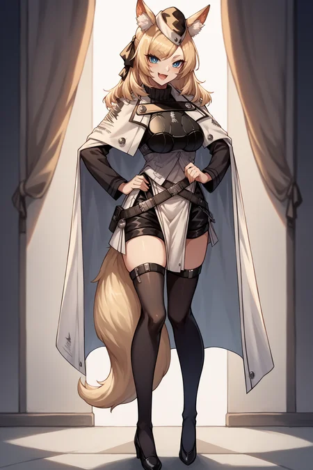 score_9, score_8_up, score_7_up, , rating_general,1girl ,wssd, animal ears, tail, hair ribbon, garrison cap, ribbed sweater, long sleeves, breastplate, white cape, pouch belt, black shorts, pelvic curtain, black thighhighs, high heels, source_anime, smile, :3,  skin fang, open mouth, naughty face, <lora:WhislashPDCAMEv2L AK-000006:1>,