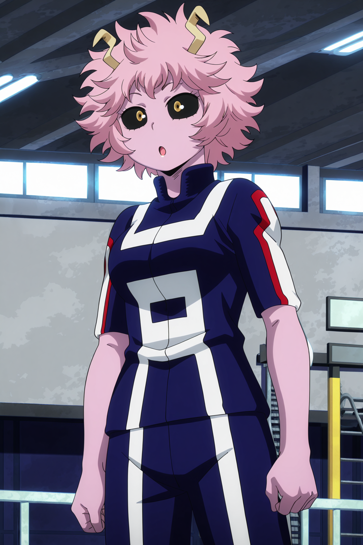 anime screencap, anime coloring, detailed face, masterpiece, best quality, very aesthetic, absurdres, volumetric lighting, official style, amazing quality, ultra detailed, highres, amazing quality, scenery, beautiful detailed hair, beautiful detailed eyes,
<lora:StS-Illustrious-Detail-Slider-v1.0:4>
in a gym, indoors,
 <lora:Mina_Ashido_My_Hero_Academia:1>
Mina gym uniform (outfit), Mina Ashido (character), ashido mina, 1girl, solo, pink skin, black sclera, colored sclera, pink hair, colored skin, horns,  yellow eyes, gloves, fingerless gloves, open mouth, short hair, standing, :O, cowboy shot