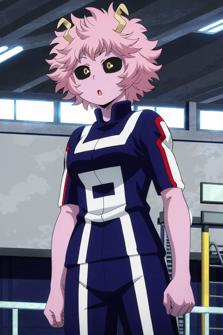 anime screencap, anime coloring, detailed face, masterpiece, best quality, very aesthetic, absurdres, volumetric lighting, official style, amazing quality, ultra detailed, highres, amazing quality, scenery, beautiful detailed hair, beautiful detailed eyes,
<lora:StS-Illustrious-Detail-Slider-v1.0:4>
in a gym, indoors,
<lora:Mina_Ashido_My_Hero_Academia:1>
Mina gym uniform (outfit), Mina Ashido (character), ashido mina, 1girl, solo, pink skin, black sclera, colored sclera, pink hair, colored skin, horns, yellow eyes, gloves, fingerless gloves, open mouth, short hair, standing, :O, cowboy shot