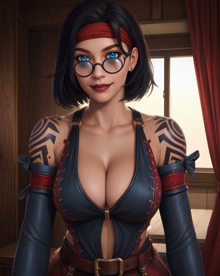 Briar,black hair,shoulder tattoo,lips,short hair,eyewear,blue eyes,
headband,black top,detached sleeves,belt,cleavage,smile, o-ring, 
upper body,sitting,
fantasy,inn,
(insanely detailed, beautiful detailed face,beautiful detailed eyes, masterpiece, best quality),solo,<lora:BriarRose:0.8>,