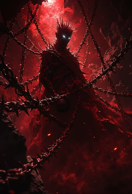 A haunting, surreal scene of a figure fully cocooned in spiked chains, suspended in a dark, crimson-lit void. The jagged chains stretch outward in every direction, their barbs glowing faintly in the oppressive red haze. Mist and shadows weave through the composition, heightening the otherworldly atmosphere. The glowing red light accentuates the sharp metallic texture of the chains, creating a suffocating and nightmarish environment that exudes dread and despair. <lora:Elden_Ring_-_Yoshitaka_Amano.safetensors:1.0>, <lora:black_fantasy.safetensors:1.0>,
