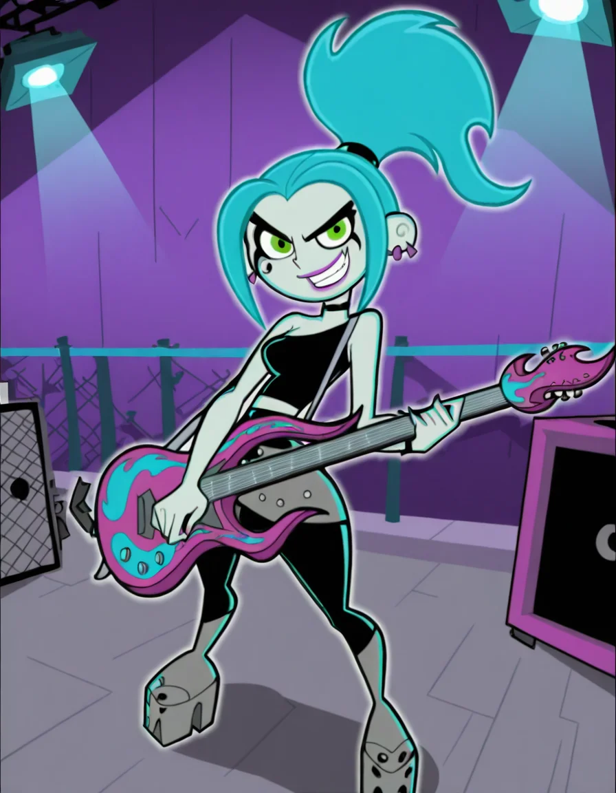 <lora:Ember_McLainIllustrious1.0JLFO:1> emberm, 1girl, blue hair, earrings, jewelry, ponytail, makeup, green eyes, solo, smile, lipstick,guitar, grin, holding, colored skin, choker, looking at viewer, cowboy shot, masterpiece, best quality, amazing quality, very aesthetic, absurdres,full body, platform footwear,