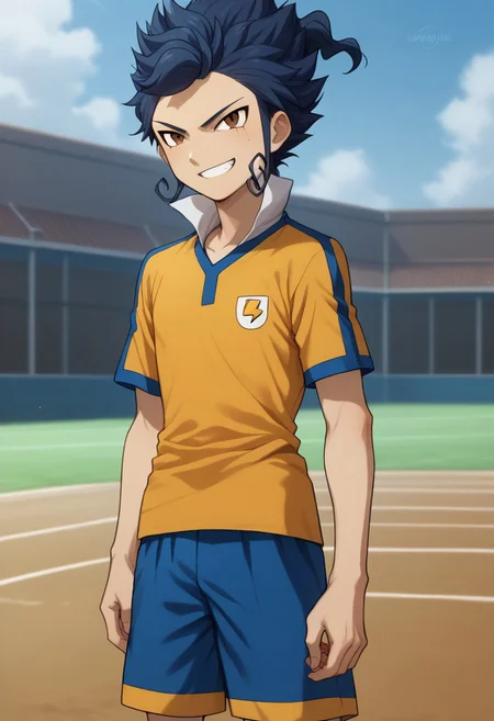 score_9, score_8_up, score_7_up, source_anime, highly detailed,
tsurugi, 1boy, male focus, solo, blue hair, brown eyes, sportwear, raimon, raimon soccer uniform, shirt, yellow shirt, short sleeves, shorts, blue shorts, upper body, grin
outdoor,