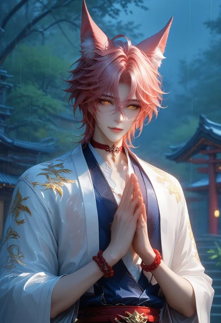 (Masterpiece:1.4), (best quality:1.2), (perfect anatomy), (perfect hands), (perfect face),1boy, solo, full body, jiaoqiu_(honkai_star_rail),animal_ears,fox ears, Fox tail, pink hair,short hair, hair between eyes, red choker, amber eyes, glowing eyes, hands together, praying, chinese clothes, bulging chest, erect nipples, black_gloves, beaded bracelet, backlit character, looking at viewer, smiling, closed mouth, thin waist, large chest, prominent pecs, wet, wet clothing, BREAK,
shrine, japanese shrine, bamboo trees, night, nighttime,raining, heavy rain, low light, dark, blue fire wisp, gas body, paved path, moss, extreme detail, detailed scenery, detailed background,