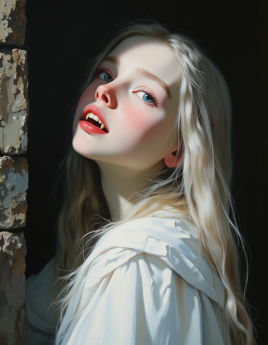 masterpiece, high quality, Oil Painting, Hyper-realistic, close up portrait of young teen Antient Greek vampire girl standing inside a Greek Temple at night. Her face is a pale, almost translucent white, and colorless except for her lips which are painted a vivid red. The lips are slightly parted, revealing sharp, gleaming white vampire fangs. Her long blond hair flow down her back. She has enchanted blue eyes. She wears a simple white toga over one shoulder. Her expression is curious, her head tilted slightly upward. Soft pale light filters through, illuminating her face and creating gentle contrasts in the scene. Her body is skinny and petite. brush strokes, warm light, magic, extremely coherent, cute, beautiful, cinematic, stunning, creative, positive, cheerful, unique, cool, inspiring, pure, rational, very inspirational, friendly, thought, glowing, magical, perfect, intricate, wonderful, lovely, novuschroma, del1cate_balance style, in the style of Rembrandt. FS, vantablack <lora:style_of_Rembrandt_FLUX_135:.8> <lora:- Flux1 - vanta_black_V2.0:.8> <lora:Delicate_Balance:.3> <lora:neeeg_f1:-1> <lora:113_novuschromaFLX_1:.2> <lora:FluxF4ngs:.8>