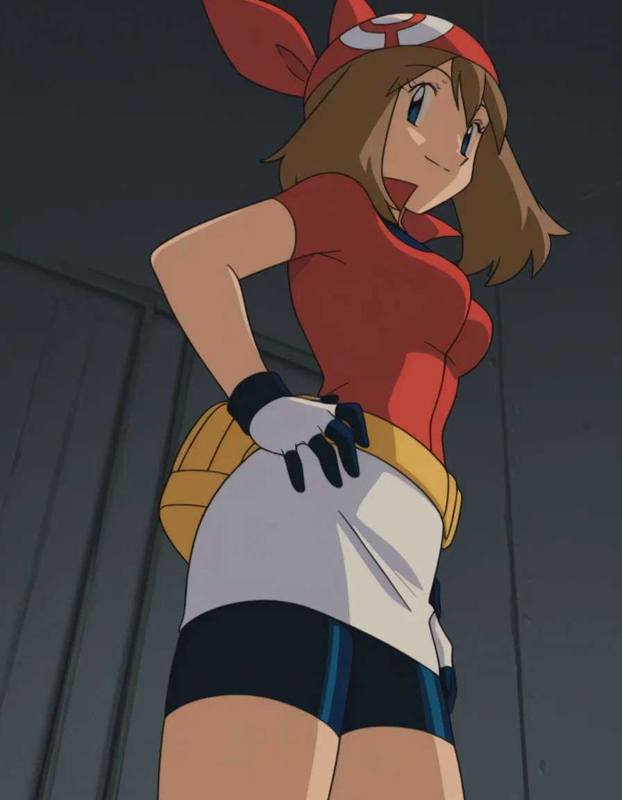 official style,may (pokemon), pokemon (anime), 2000s,brown hair, blue eyes, red bandana, red shirt, short sleeves, gloves, white pouch, white skirt, short skirt, pencil skirt, bike shorts,(((solo))),(standing:1.5),(hand on own hip:1.5),
explicit,(anime screencap), 2d cel anime,anime cap,anime,anime style,anime cel,cell shadedsoft brightness,perfect face,perfect nose, perfect hair, perfect eyes,perfect female body,perfect skin,a face of perfect proportion,perfect lighting,perfect anatomy,perfect proportion,perfect hands,perfect legs,perfect fingers,masterpiece,hair between eyes,
breasts,
perky breasts,best quality,very aesthetic,absurdres,16k,intricate detail,amazing quality,(bold:3.12),thick outline,black outline,harsh lines,soft lines,deluster,boldline,curvy,(anime coloring:1.2), smile,slim,Stadium,,day,coliseum,(pink:-1),
looking at viewer,
(from side:2.5),
super fine illustration,detailed linework,vibrant colors,kawaii,flat color,outdoors,(from below:2.5), <lora:ãã±ããã¢ã³ã¹ã¿ã¼ãã«ã«åå ´çã¢ãã¡ä½ç»é¢¨illustriousV1.1PokemonMayMOVIE_ANIME_StyleillustriousV.1.1:1:0.8>