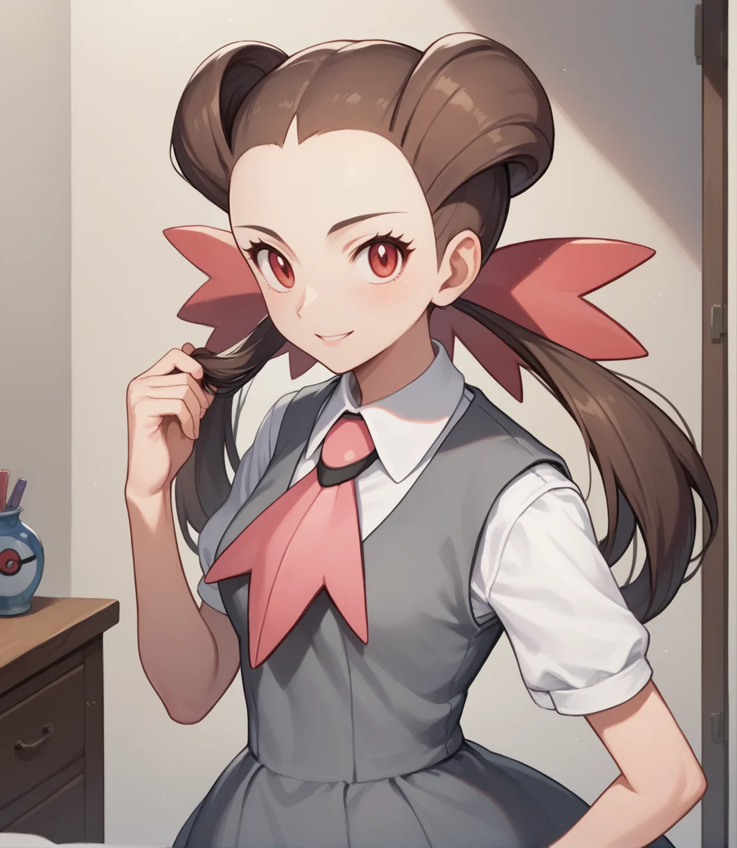score_9,score_8_up,score_7_up,score_6_up,source anime BREAK, 1girl, solo,
looking at viewer, indoors, (portrait:1.1), light smile, (seriious:0.5), standing,
1girl, roxanne (pokemon), long hair, hair pulled back, twintails, brown hair, eyelashes, red eyes, medium breasts,
pokemon oras, grey dress, white shirt, collared shirt, short sleeves, bow, pink ascot, hair ribbon
<lora:roxanne_v1_0:1>