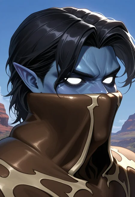 AMAZING QUALITY, MASTERPIECE, 1BOY, PORTRAIT, RAZIEL, POINTY EARS, BLUE SKIN, BLACK HAIR, WHITE EYES, NECK GAITER,