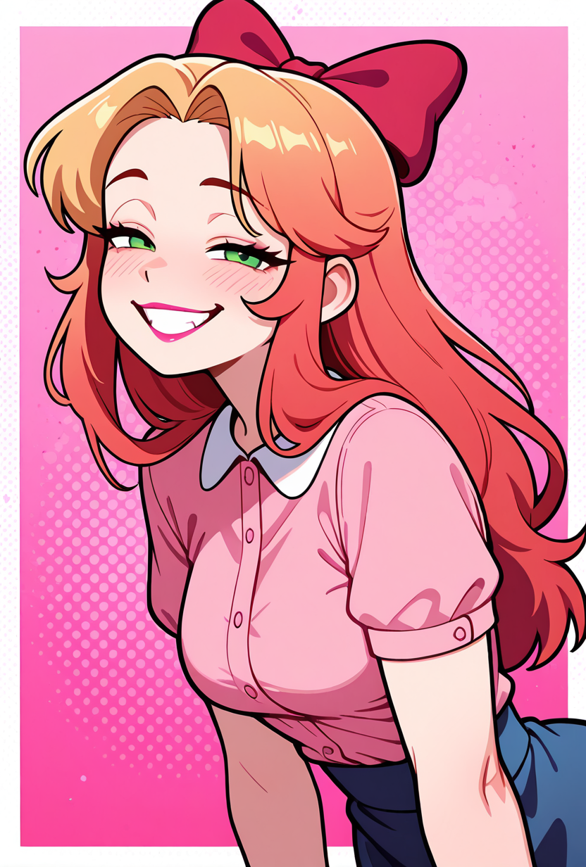 <lora:elizabafton-10:1> elizabafton, 1girl, red hair bow, long hair,  blonde hair, green eyes, short sleeves, hot pink buttoned shirt, blue skirt,  pink background, medium breasts, lipstick, smile, teeth, half closed eyes,  leaning forward,, masterpiece, best quality, amazing quality, very aesthetic, absurdres, newest,, upper body, halftone effect, white borders, abstract background:1.2,