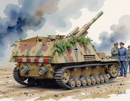 A watercolor of a German self-propelled gun resupplying with ammunition. An atmospheric scene of relief during a fierce battle, conversation, debris, smoke in the distance. <lora:FluxWatercolor:0.8> Jedwtclr, watercolor, <lora:hummellate:0.9>hummellate,
This is the WWII German self-propelled gun, the "Hummel".View from the right rear.no humans.spare wheel and bucket are attached to the rear of the vehicle.Crawler, body is dark yellow with a dark green and red-brown camouflage paint scheme.wheels.Coniferous branches are attached to the sides of the vehicle for camouflage.German identification mark of a cross.