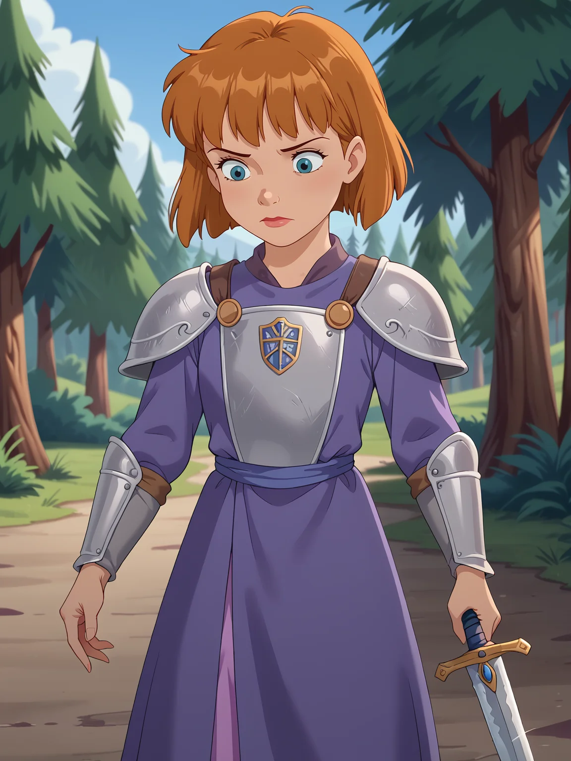 forest, 1girl, <lora:Jane Darling (Peter Pan):0.75> janedarling, knight outfit, sword, armour, pauldrons, shield