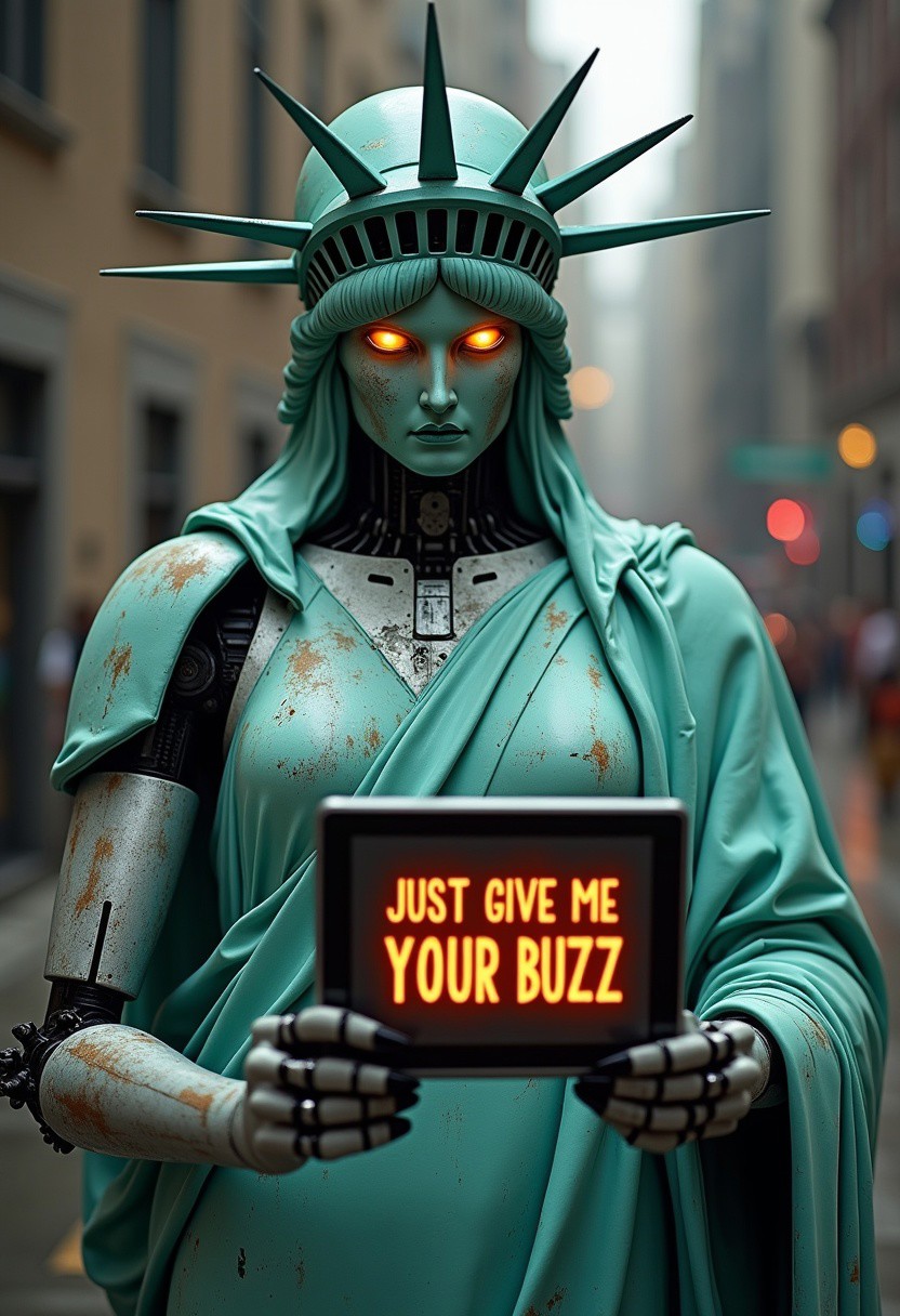 [Highly Detailed photograph] , ((mechanical robotic statue of liberty with flaming eyes and expression), extends her tablet towards the viewer), (the inscription on the tablet "Just Give Me Your Buzz" is easily seen in large thick legible font)) (the words "Just Give Me Your Buzz" are accurately seen printed   ))