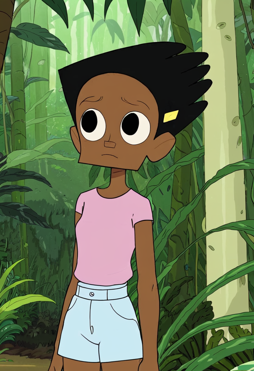 <lora:TwelveForever_Esther_XL:0.8>, esther \(regular\), hand on hip, frown, esther, twelve forever, 1girl, solo, dark skin, short hair, black hair, black eyes, rainforest, masterpiece, best quality