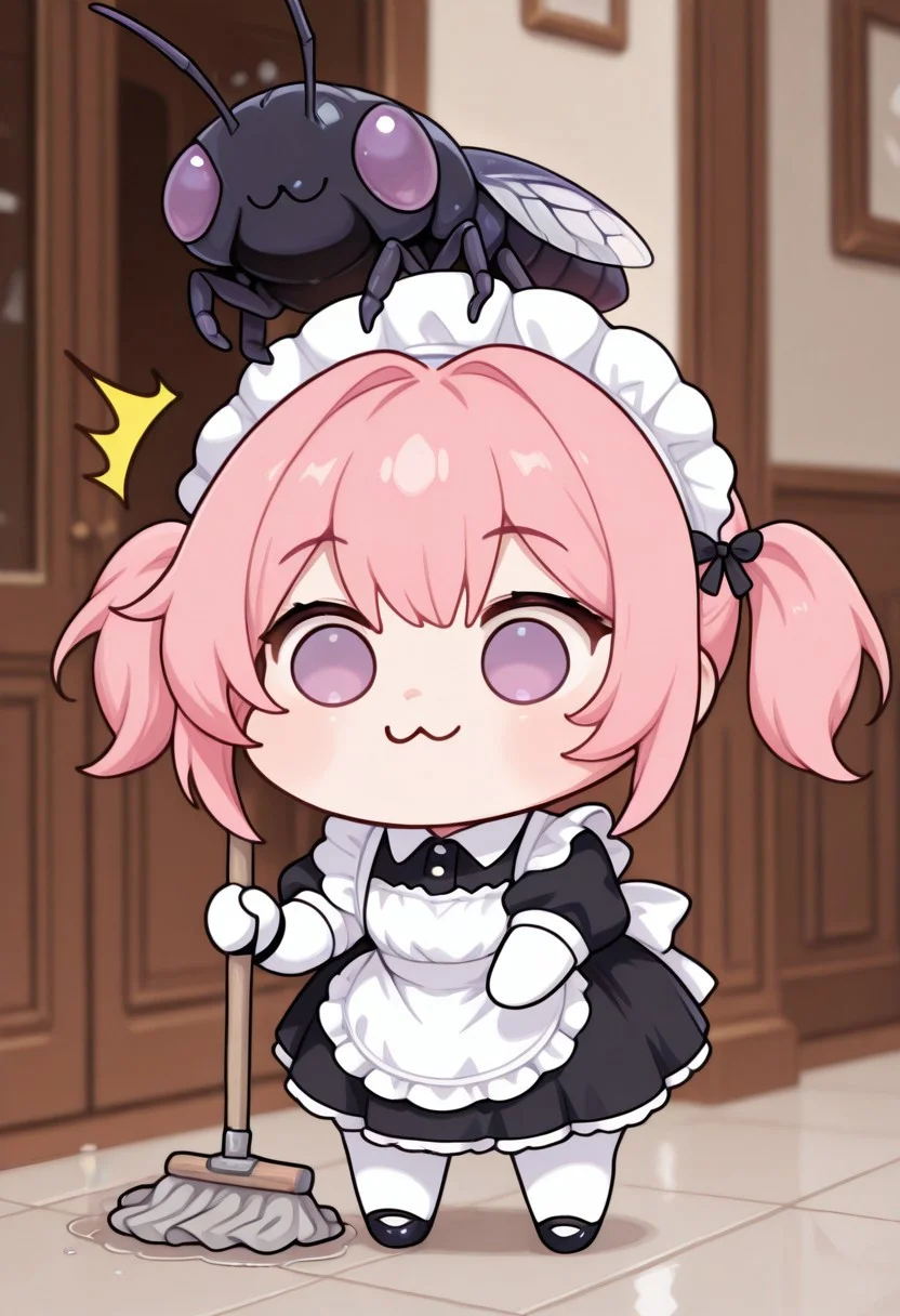 1 girl , CivChan , doro, :3, chibi, no pupils, solid circle eyes, full body, white skin, standing ,  purple eyes , pink hair , maid uniform , pigtails , holding mop , surprised , giant bug ,
masterpiece, best quality ,amazing quality ,