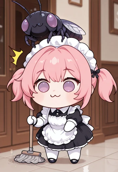 1 girl , CivChan , doro, :3, chibi, no pupils, solid circle eyes, full body, white skin, standing , purple eyes , pink hair , maid uniform , pigtails , holding mop , surprised , giant bug ,
masterpiece, best quality ,amazing quality ,