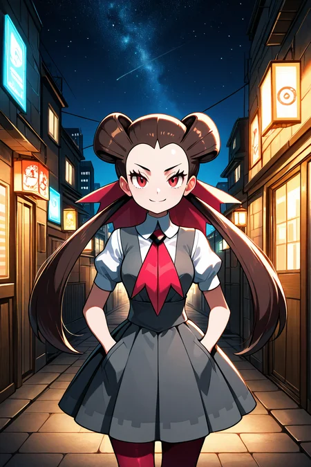 masterpiece, best quality, 1girl, solo, 21 year old model, eyelashes, (beautiful eyes), zzRoxanne, roxanne (pokemon), red eyes, long hair, brown hair, twintails, hair pulled back, pantyhose, ascot, grey dress, short sleeves, ribbon, shirt, hair ribbon, <lora:RoxannePokemonIXL:1.0>, ,,, stars, night, luminescent background, city, back alley, smug, hands in pockets, smile, looking at viewer, shiny skin, <lora:princess_xl_v2:0.3>,