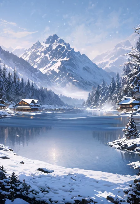 8k, breathtaking, view of a snowy forest by the riverside,  riverside village, morning lake mist, masterpiece, highly detailed, undefined, snow, mist, style-nebmagic.
