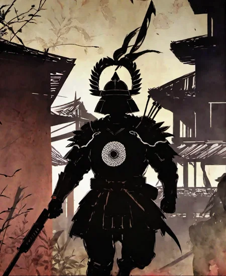 <lora:niohstorytelling-step00000400:0.9>,niohstorytell,silhouete of warrior with a rifle,building in the background
