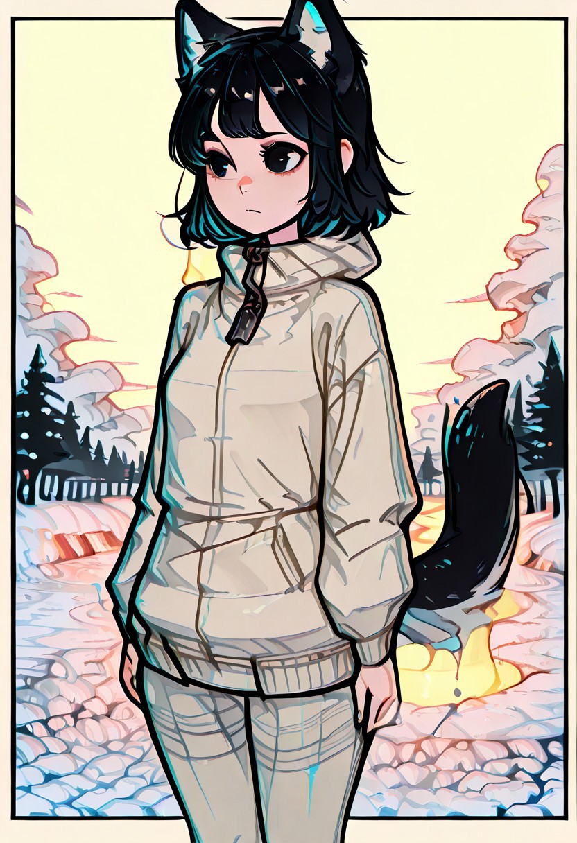 masterpiece,best quality,amazing quality,  1 woman 25yo, in a snow field, black hair, wolf ears, wolf tail (flat cute color 0.9), thick clothes
white outline glow, chromatic aberration, high res image, high res image