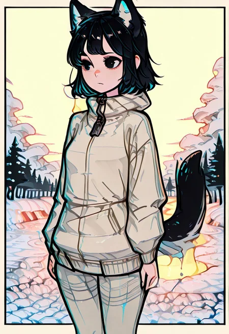 masterpiece,best quality,amazing quality, 1 woman 25yo, in a snow field, black hair, wolf ears, wolf tail (flat cute color 0.9), thick clothes
white outline glow, chromatic aberration, high res image, high res image