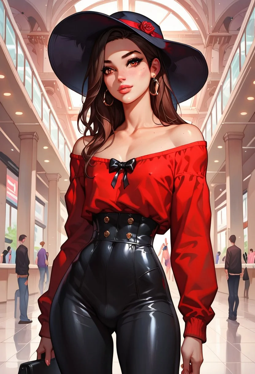 score_9, score_8_up, score_7_up, g0thicPXL, Expressiveh, high quality, stunning, perfect eyes, detailed face, 1boy, solo, femboy, cute, brown eyes, brown hair, long straight hair, very straight hair, narrow shoulders, flat chest, thin waist, bottom heavy, hat, red oversized shirt, long sleeves, off the shoulder shirt, black pants, high waist pants, in public, mall, posing,