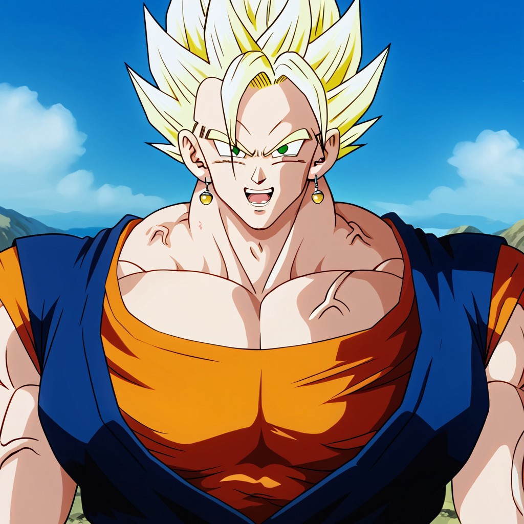 Male, man, 1man, vegito, buff vegitto, upper body, front, blonde, blonde hair, spiky hair, super saiyan, green eyes, yellow eyebrows, ears, earring in ears, round earrings, open mouth, confident expression, arrogant look, smile, white teeth, looking at viewer, looking at viewer, orange shirt, blue sleeveless vest, hyper muscles, huge muscles, massive muscles, big muscles, muscular, pecs, hyper pecs, muscular pectorals, with clothes, veins, veins in arms, vein in pectoral, vein in neck, thick neck, muscular neck, large deltoids, muscular deltoids, shadows, shading, classic style, background mountains and a blue sky with white clouds,, bulges,Expressiveh