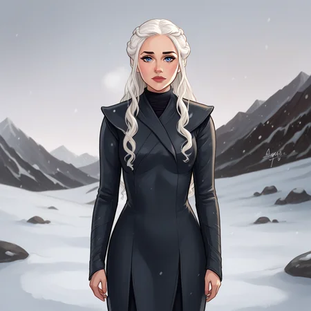 score_9_up, BREAK, DAENERYS, 1girl, solo, white hair, long hair, blue eyes, black dress, long sleeves, cowboy shot, looking at viewer, <lora:DaenerysTargaryen_PXL_Leaf1:0.8> , winter, snow,